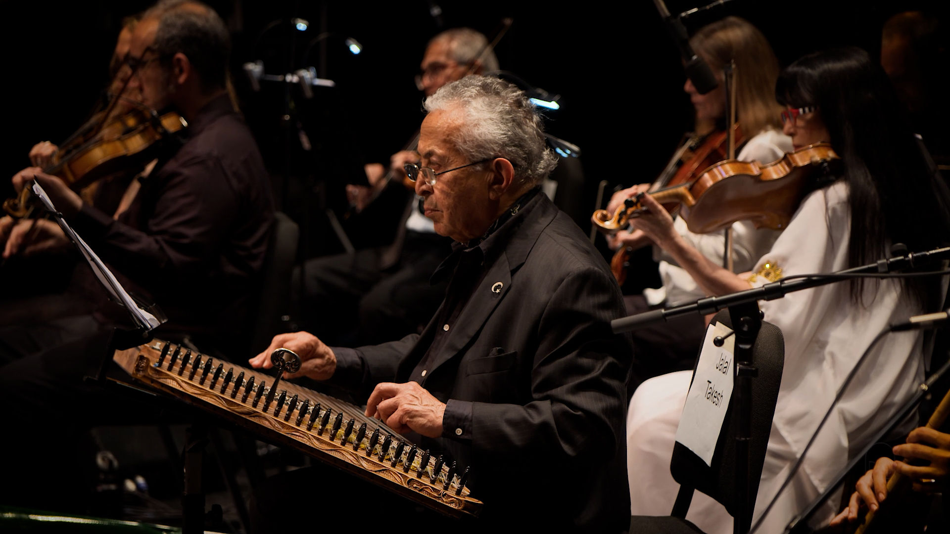 A side shot of a Santur player