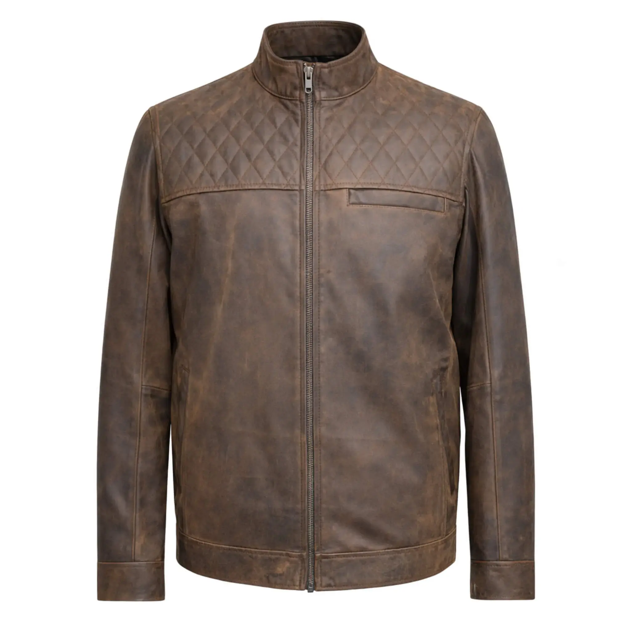 Men's Leather Jacket Quilted Details & Regular Fit