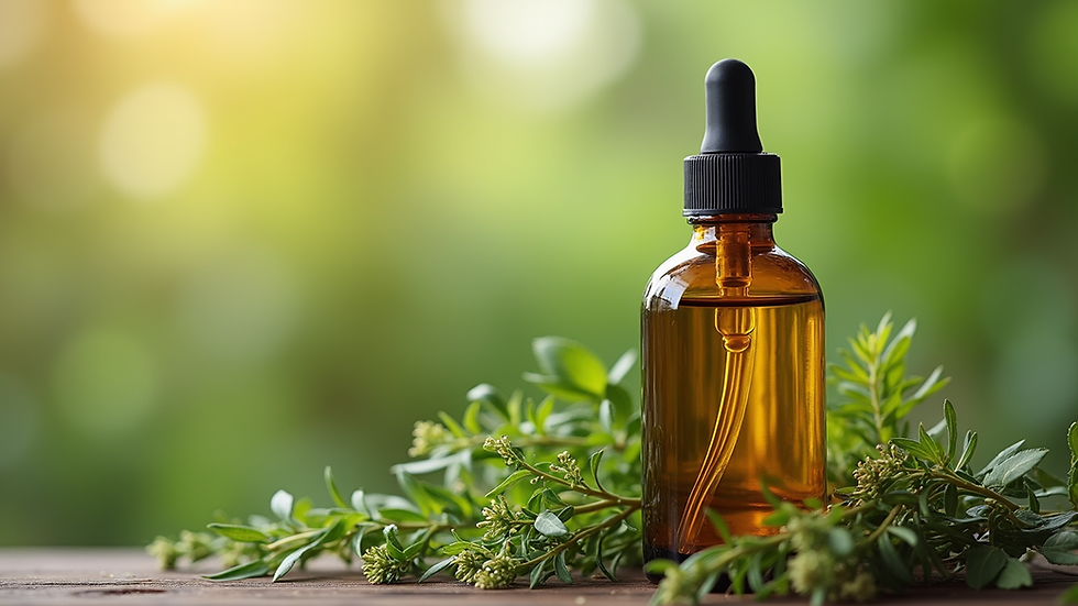 Close-up view of a bottle of herbal hair oil surrounded by fresh herbs