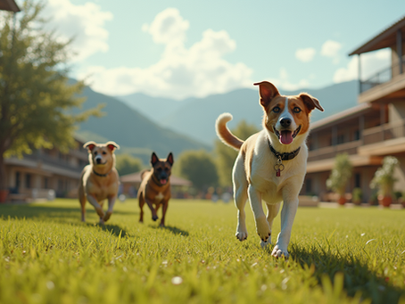 Vista panorámica de área de juegos para perros grandes en hotel canino