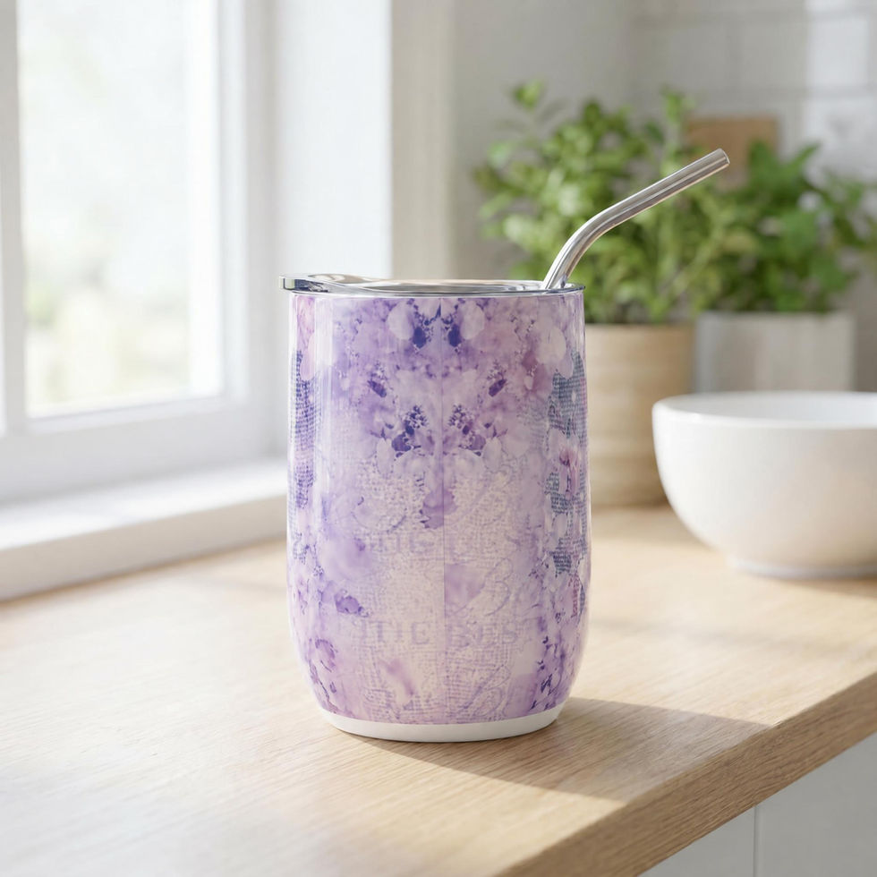 Purple floral tumbler with straw on wooden surface.