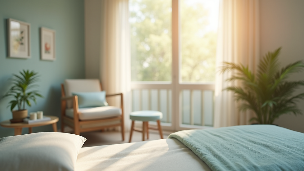 Close-up view of a serene therapy room with calming colors