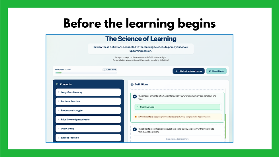 Slide titled Before the learning begins shows a Science of Learning matching game with concept cards and definitions.