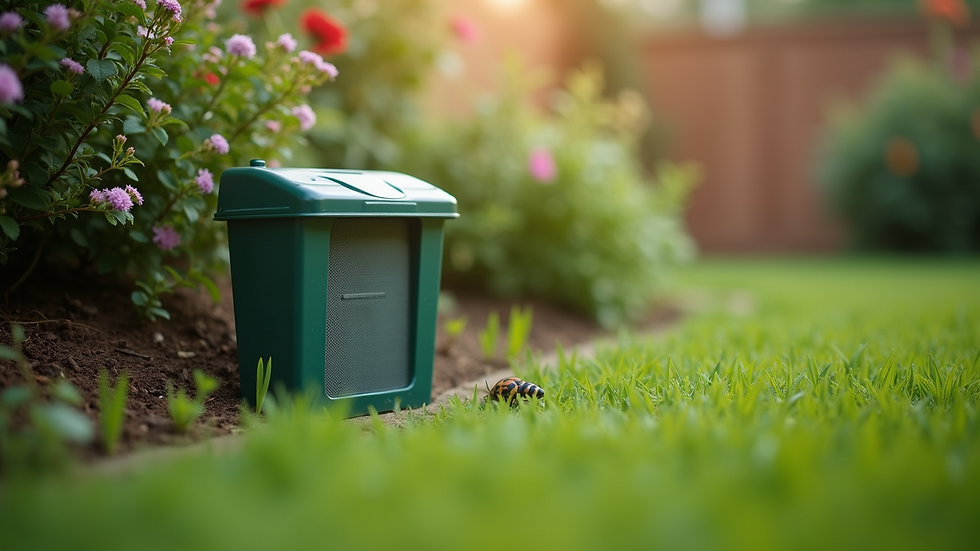 Eye-level view of a smart pest trap installed in a garden corner