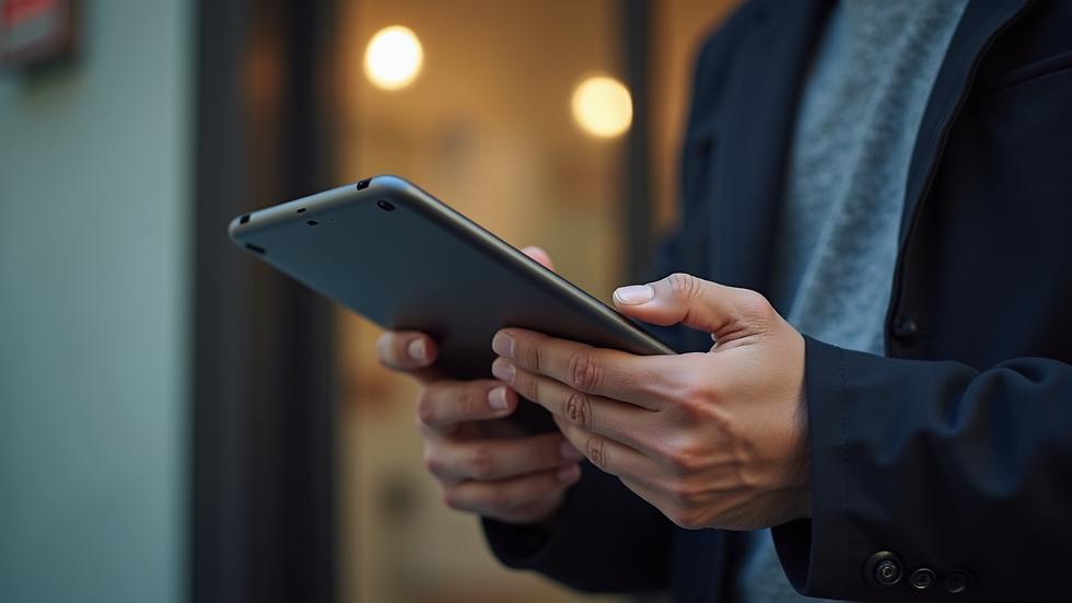 Close-up view of a locksmith verifying credentials on a tablet