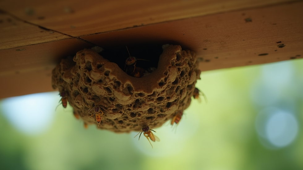 Eye-level view of a wasp nest under a garden shed roof