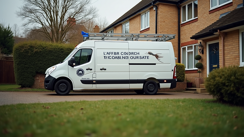 High angle view of a pest control vehicle parked outside a Cornwall home