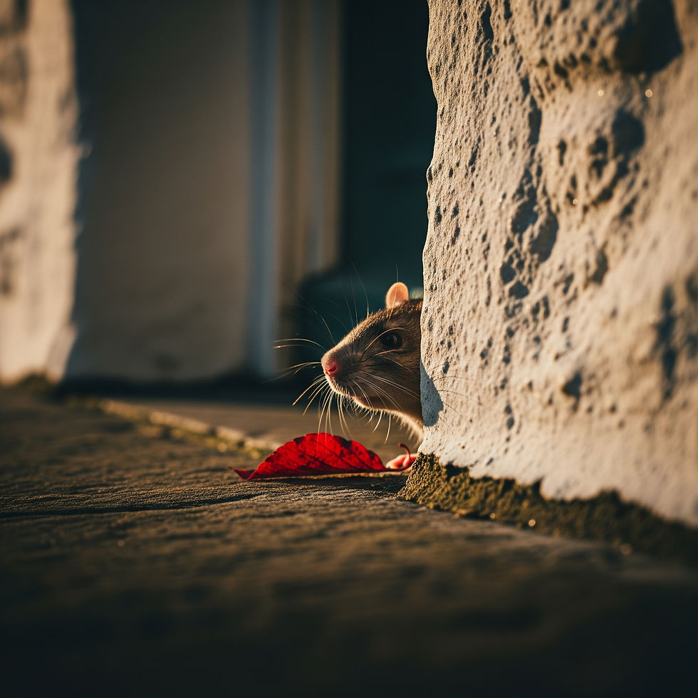 A curious rat peeks from behind a weathered stone wall, near a vivid red leaf on the ground, bathed in warm sunlight.