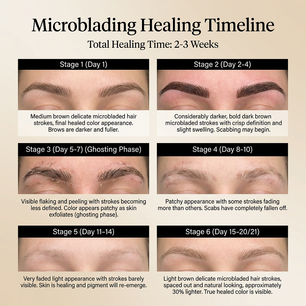 microbladed brows faded soon after treatment images, nano brows and microblading healing stages images, pigment ghosting permanent brows disappearing images