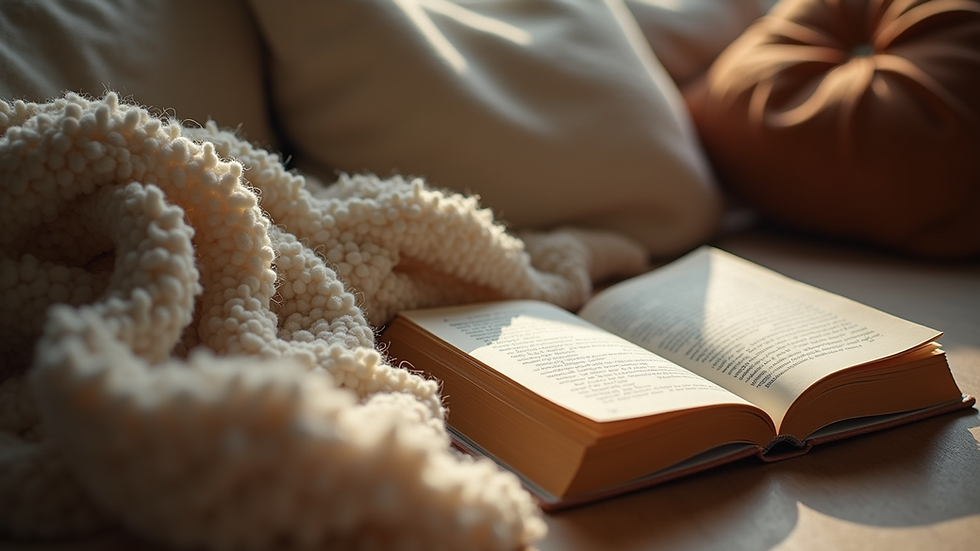 Close-up view of a cozy reading nook with a warm blanket and a book