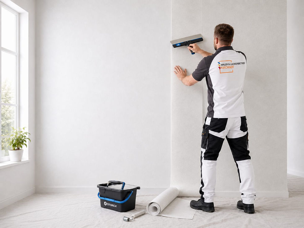 Handwerker beim Anbringen einer Wandbeschichtung im Innenbereich