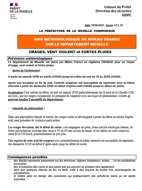 VIS METEOROLOGIQUE DE NIVEAU ORANGESUR LE DEPARTEMENT MOSELLE