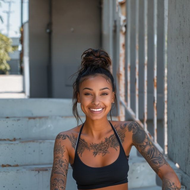 Portrait of a Tattooed Woman on Metal Steps.jpeg