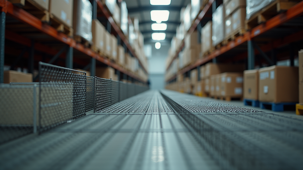 Eye-level view of various mesh samples displayed in a warehouse
