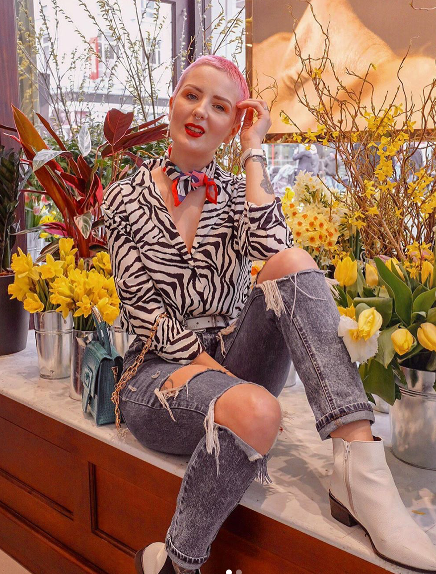 fashion blogger in printed shirt