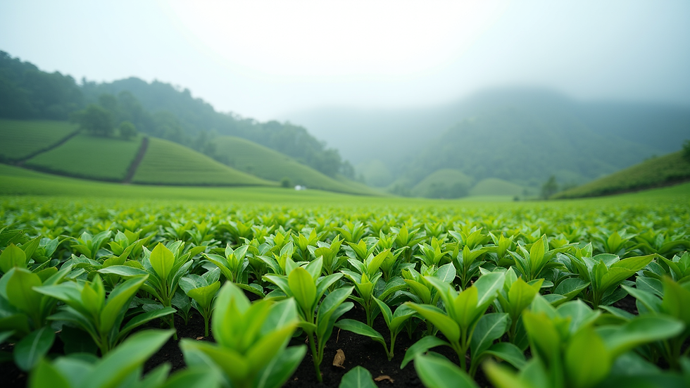Eye-level view of a lush green tea plantation with misty hills in the background