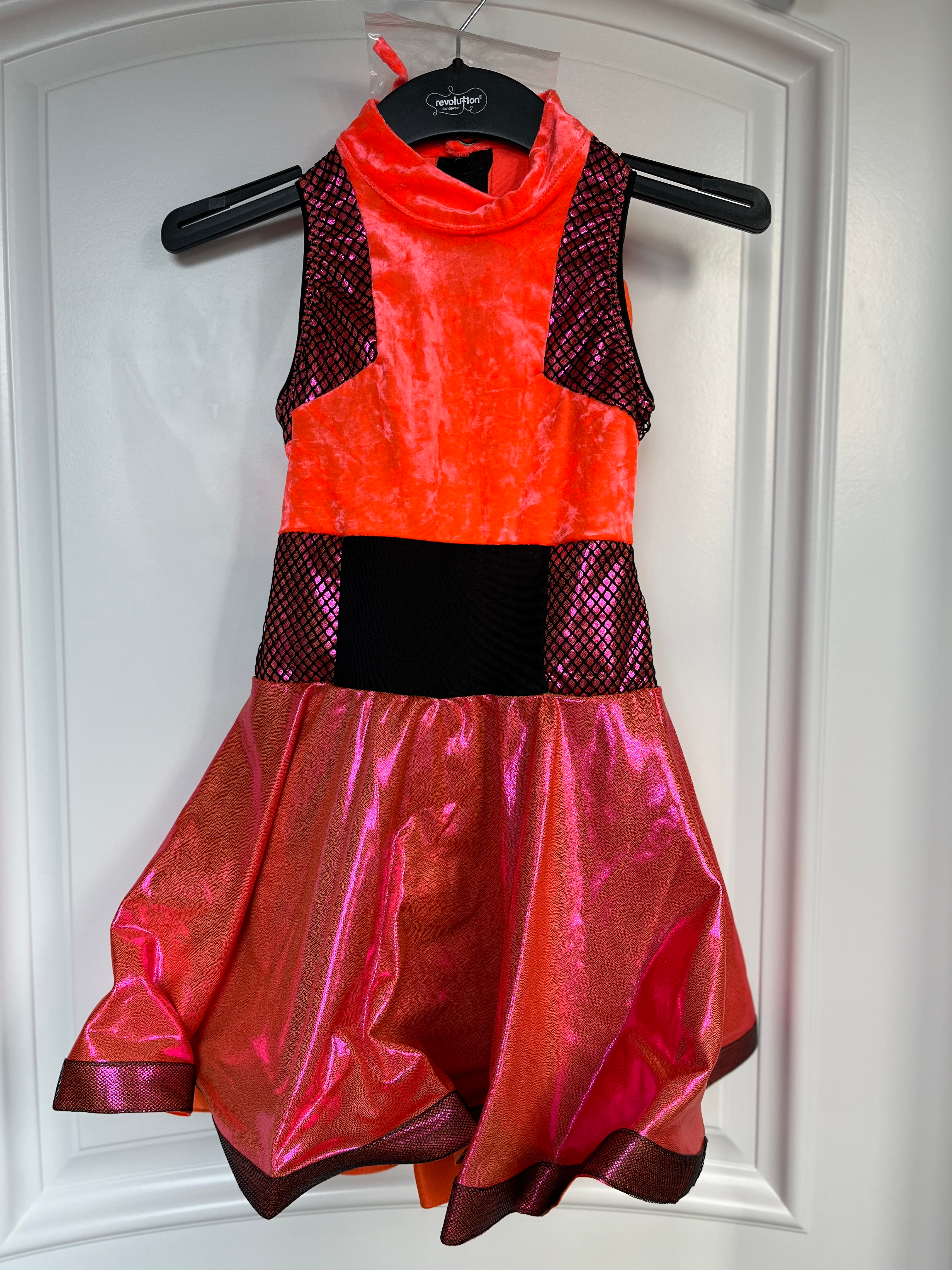 Neon Orange and Pink Dress with Black Fishnet Design