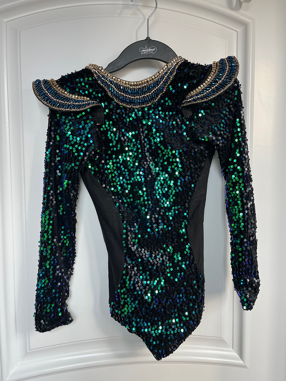 Thumbnail: Blue and Green Sequin Leotard with Gold Sequin Shoulder Pads and Neckline