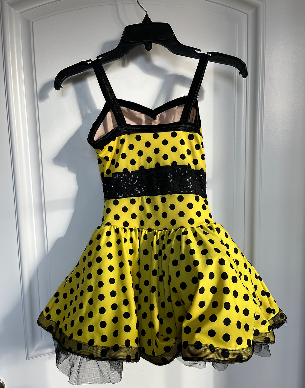 Thumbnail: Yellow Dress with Black Polka Dots and a Black Sparkly Band