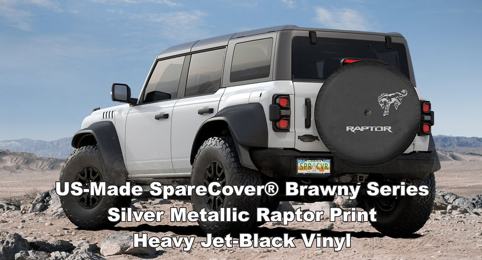 Thumbnail: Silver metallic printed marine-grade vinyl spare tire cover installed on a Ford Bronco Raptor. Black Trim
