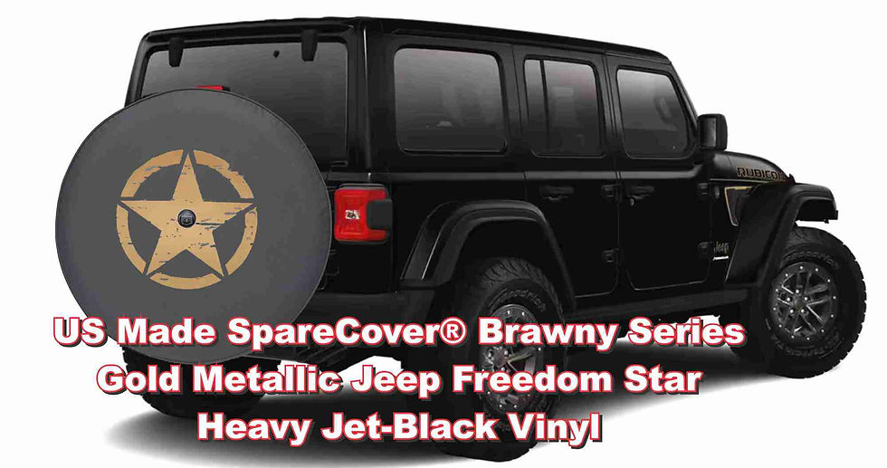 Thumbnail: Gold Metallic Oscar Mike Freedom Star Decal on Black Jeep Spare Tire Cover