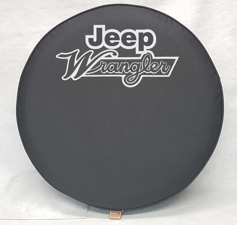 Thumbnail: Silver Metallic Jeep Wrangler Script Tire Cover, reflective silver script logo on black vinyl