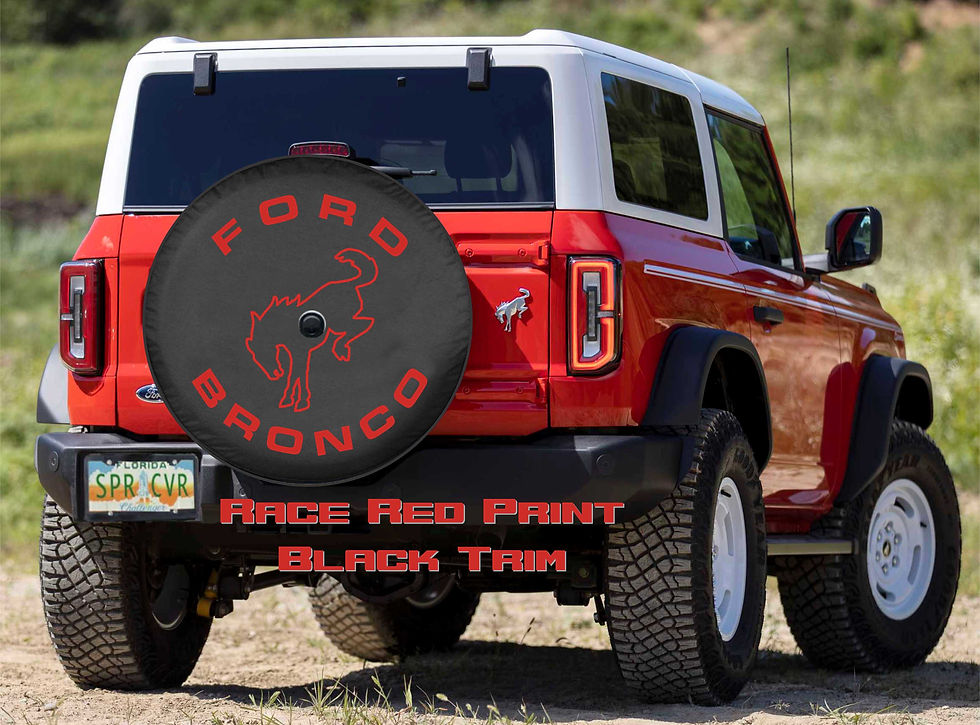 Brawny Series 6th Gen New Bronco outline tire cover with black trim on a Race Red Heritage Bronco