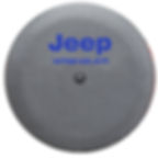 Thumbnail: Brawny black denim vinyl Jeep Wrangler tire cover featuring a blue logo.