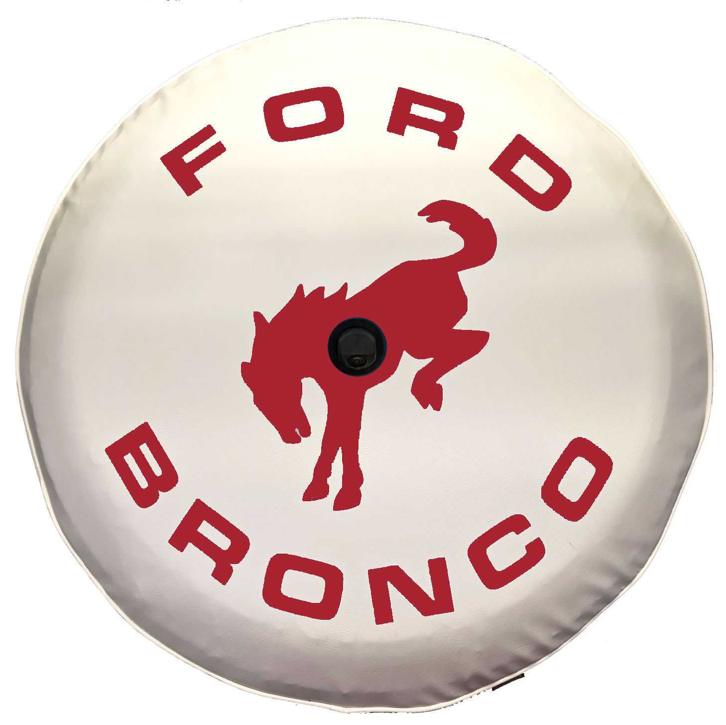 Race Red stallion logo on a Classic White luxury vinyl spare tire cover for 6th Gen Ford Bronco Heritage.