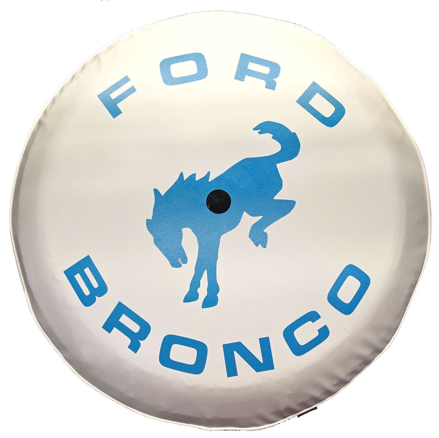 Robin's Egg Blue stallion logo screen-printed on a Ghost White leather-textured vinyl tire cover.