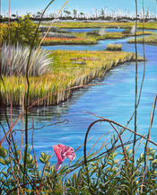 Artwork by Donna Liguria called The Marshes of Harkers Island, North Carolina featuring the marsh near the bridge with ghost trees and a Morning Glory