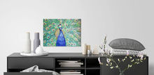 Acrylic original painting called Strutting My Peacock Stuff, shows a bird painting by Donna Liguria in a home