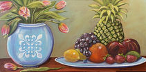 Acrylic original painting by Donna Liguria called On the Table is a still life artwork of fruit, flowers, a blue vase sitting on the table.