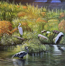 Acrylic Original Painting BRS Bird Watching (2024) by Donna Liguria of birds at Blue Ridge Shores in Louisa, Virginia including an egret and blue heron