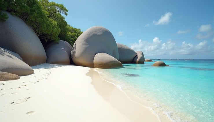 Close-up view of a quiet white sandy beach in Seychelles with turquoise water
