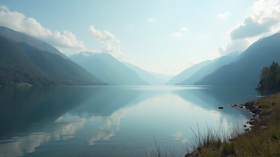 Eye-level view of a serene landscape with a calm lake and mountains in the background