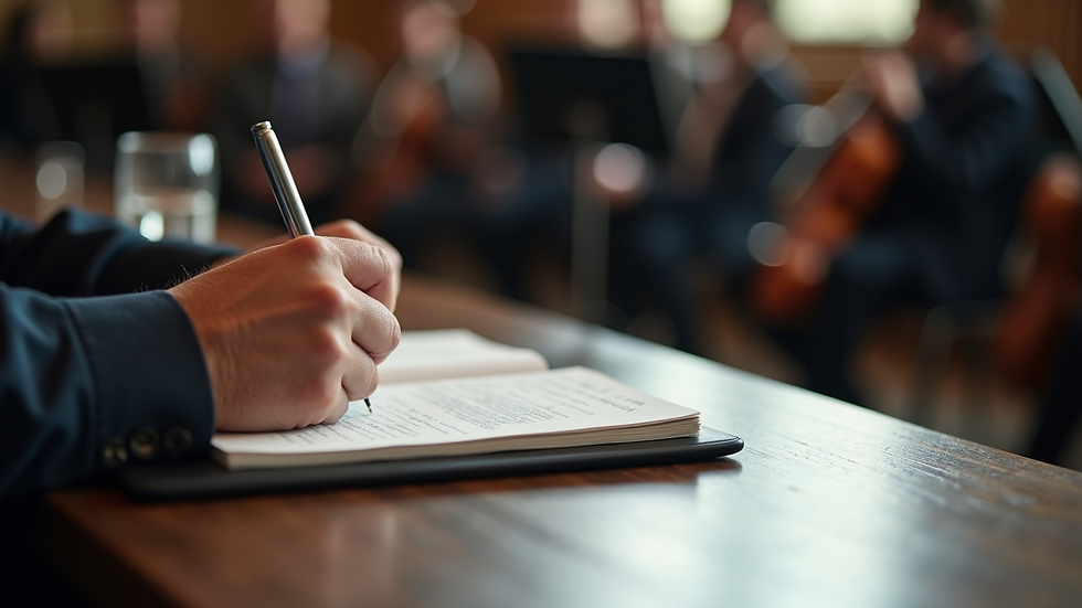 Close-up view of a music judge writing notes during a competition