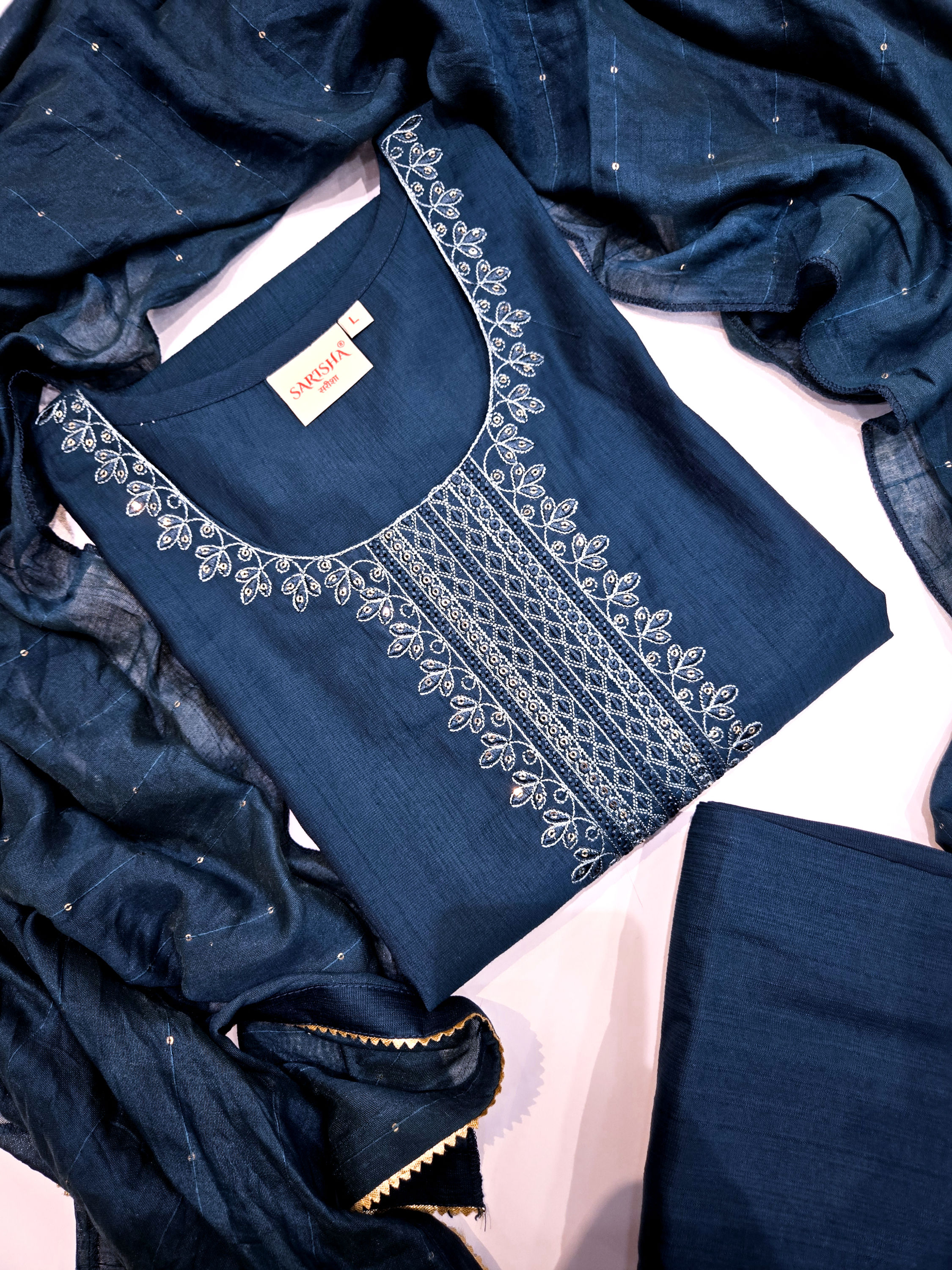 Midnight Teal Vatican Silk Kurta Set with Elegant Embroidery