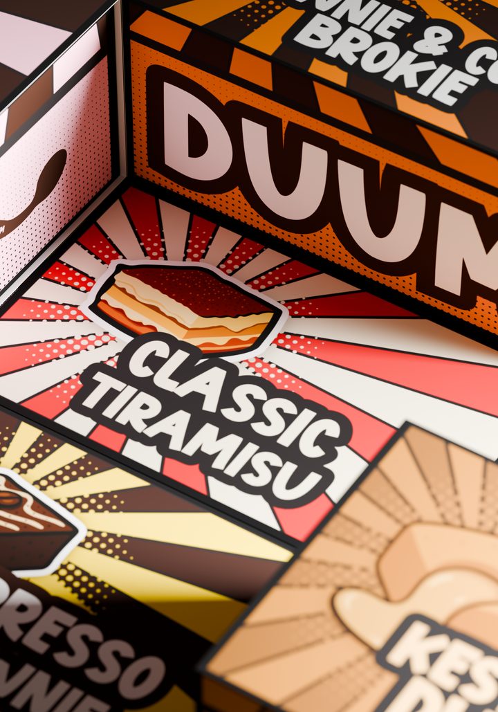 Close-up render of DUUM classic tiramisu packaging