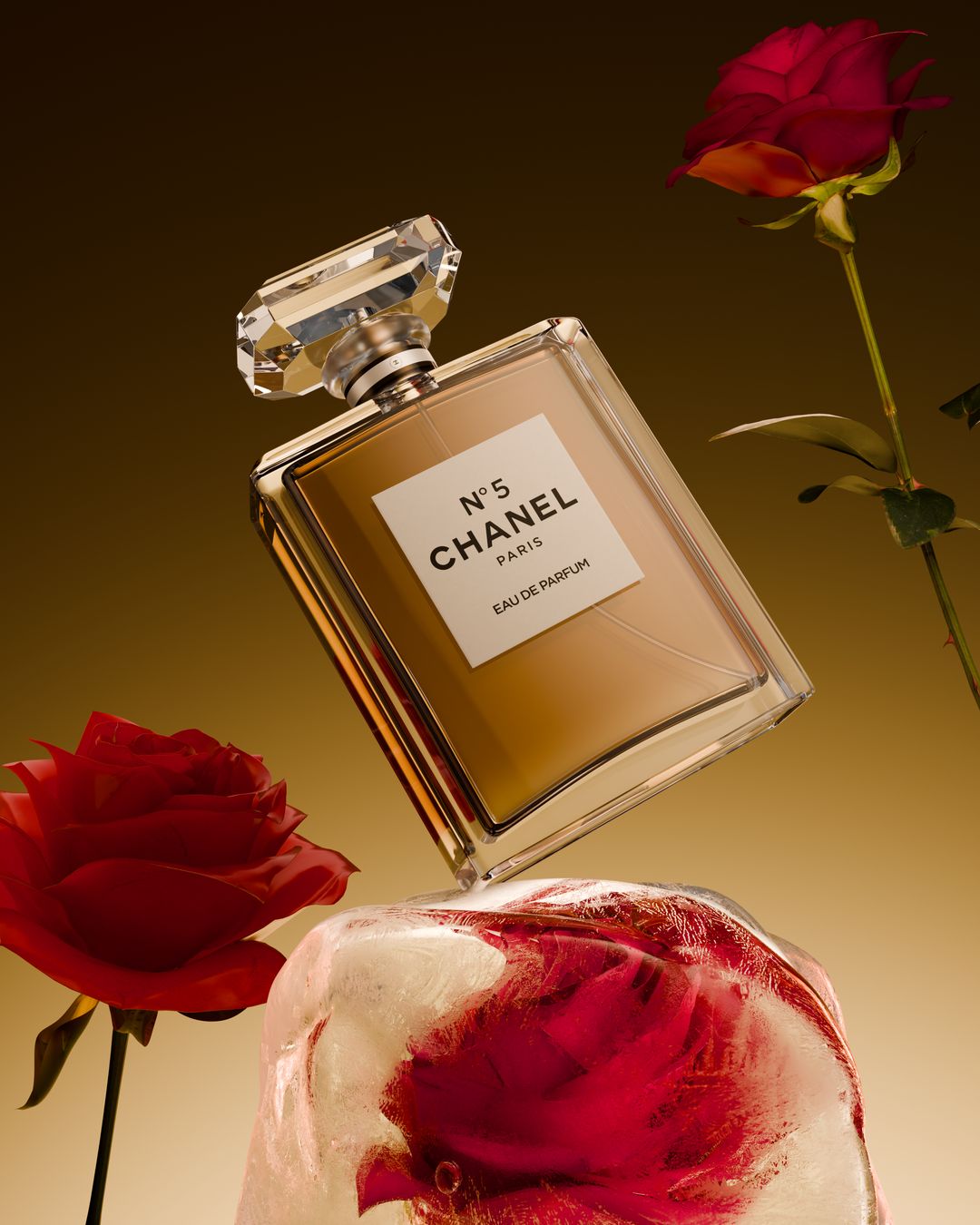 Spec hero still of a Chanel N°5 bottle with roses and ice