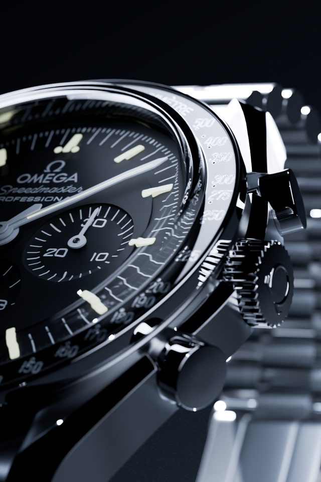 Spec close-up render of an Omega Speedmaster watch