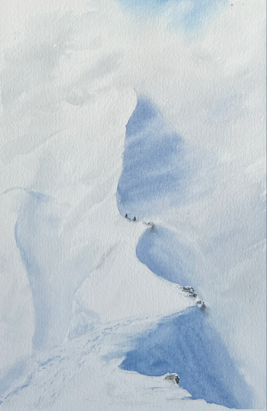 Aquarelle unique format A4 représentant des alpinistes pris dans une tempête de vent au sommet du Castor dans les Alpes penni