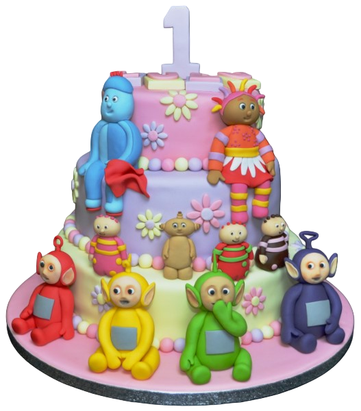 Colourful and cute Teletubbies and In the Night Garden themed trio cake for kids' parties. Perfect for children who love these popular TV shows.