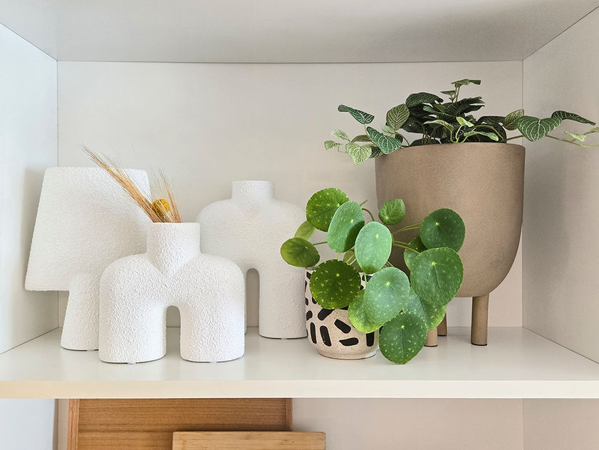 A modern white shelf organized with white textured vases and two potted indoor plants, styled by a professional home organizer.