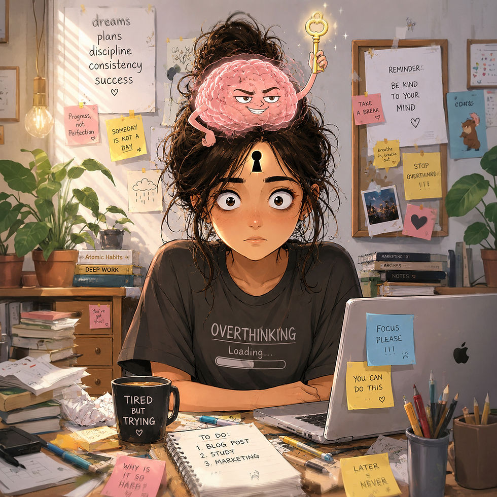 An anxious woman at a cluttered desk with a glowing keybrain over her head, surrounded by motivational notes and a laptop.