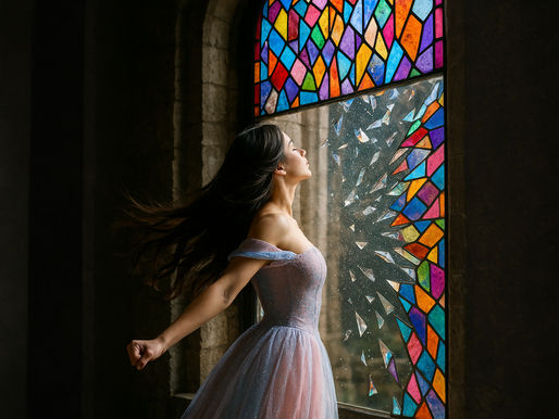 Woman in a flowing dress stands by a colorful stained glass window, hair blowing back, evoking freedom and serenity in a dim setting.