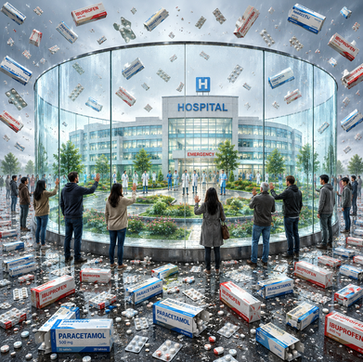 A surreal illustration of a modern hospital enclosed inside a massive circular glass wall while people stand hopelessly outside in the rain, pressing their hands against the glass. Boxes and pills labeled ‘Paracetamol’ and ‘Ibuprofen’ fall from the sky and cover the ground, symbolizing a reactive healthcare system focused on temporary relief rather than care.