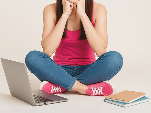 Woman in pink top and jeans, sitting cross-legged with chin on hands, looks pensive. Open laptop and books on floor, neutral background.