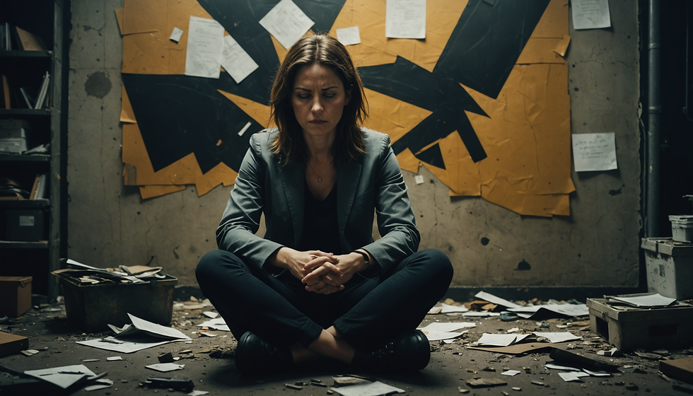 Woman in a gray blazer sits cross-legged on a floor littered with paper in a dim room. Yellow and black art on the wall evokes a pensive mood.