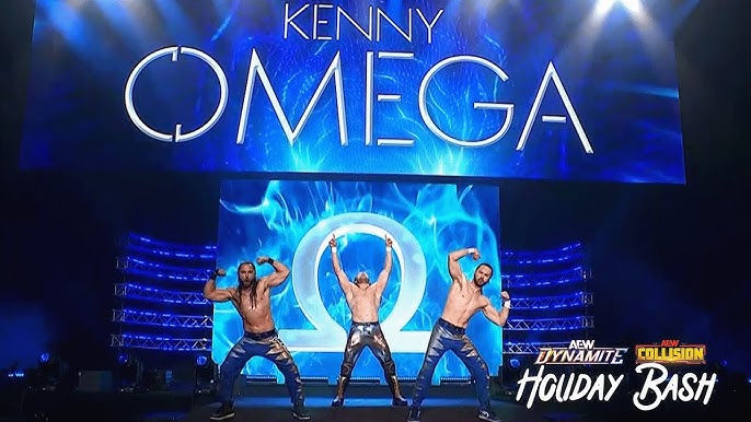 Three AEW wrestlers pose at the top of the entrance ramp. They are the faction called the Elite